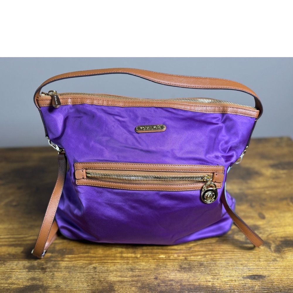 Michael Kors Purple Nylon Crossbody Bag with Tan Leather Trim and Gold Hardware